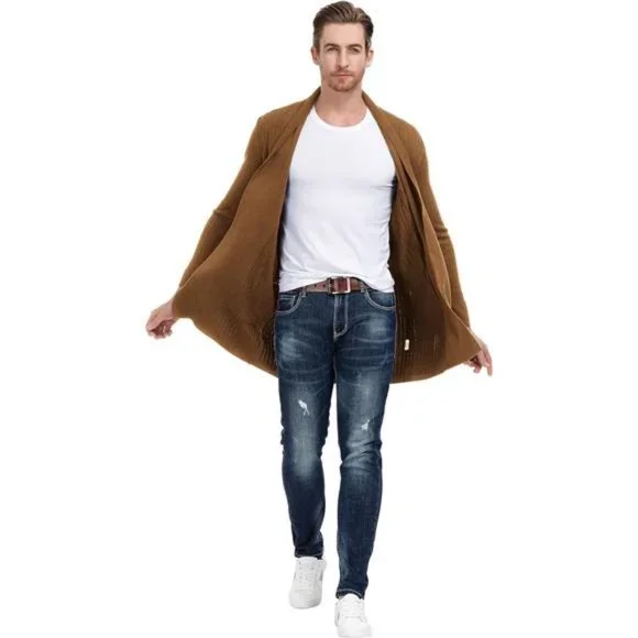 Men's Shawl Collar Open Front Long Cardigan Ribbed Knit Sweater with Pockets - Picture 5 of 6